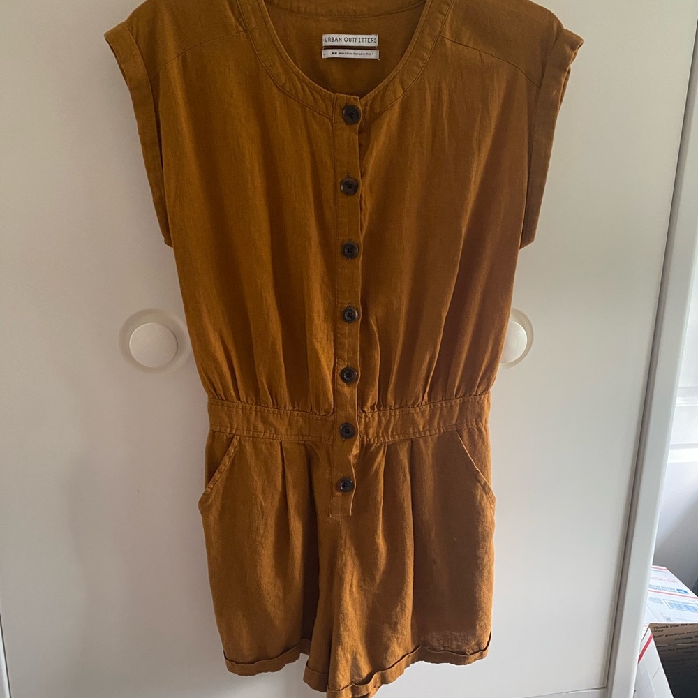 Urban Outfitters Orange Beach Brown Button-Up Romper Boho 55%Linen